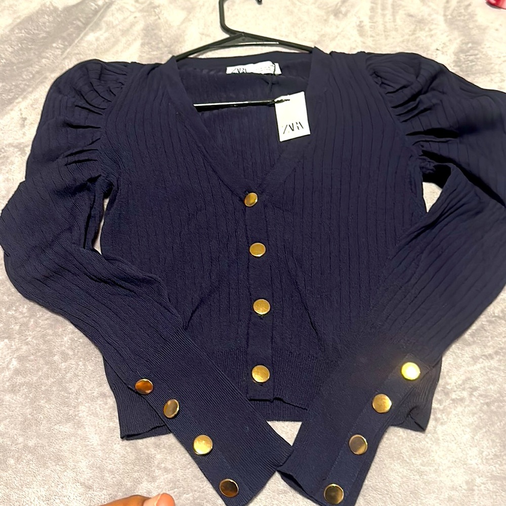 COPY - COPY - Zara gold button cardigan ruffle shoulders